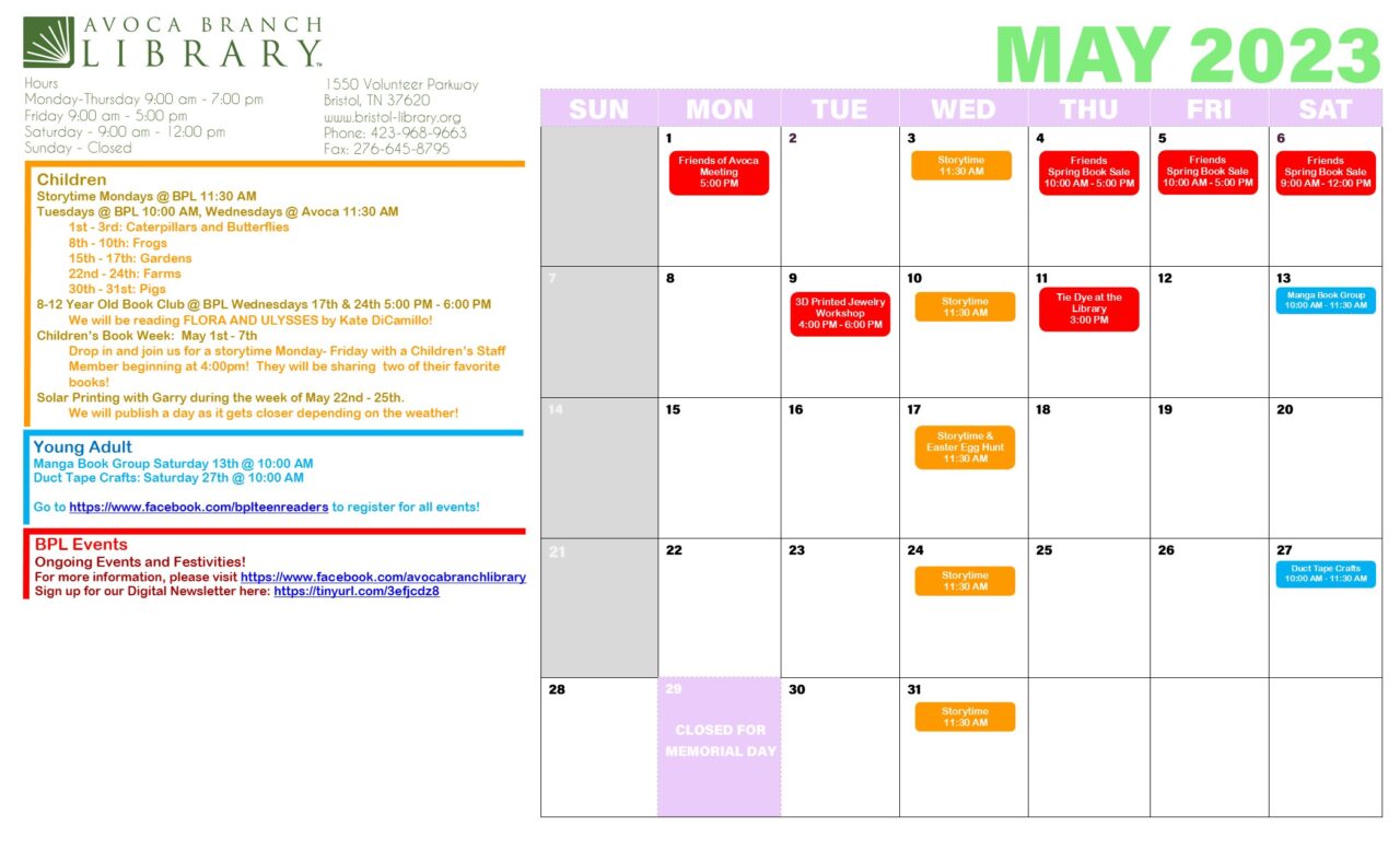 Calendar Bristol Public Library